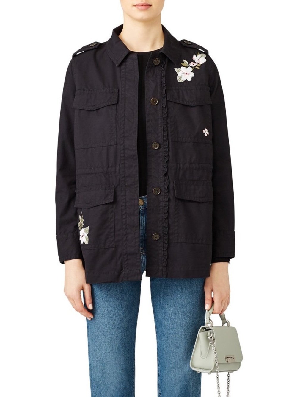 Kate Spade New York Floral Embroidered Button Up Utility Military Jacket Size M